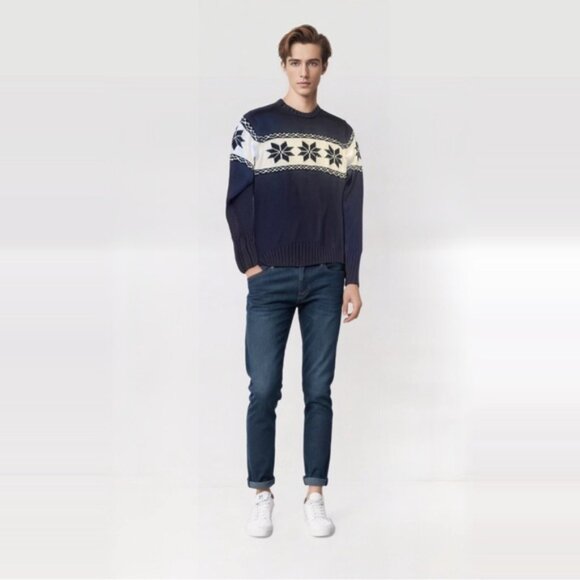 Vintage 90s BUM Equipment Navy Blue Snowflake Long Sleeve Crewneck Sweater - Picture 1 of 6